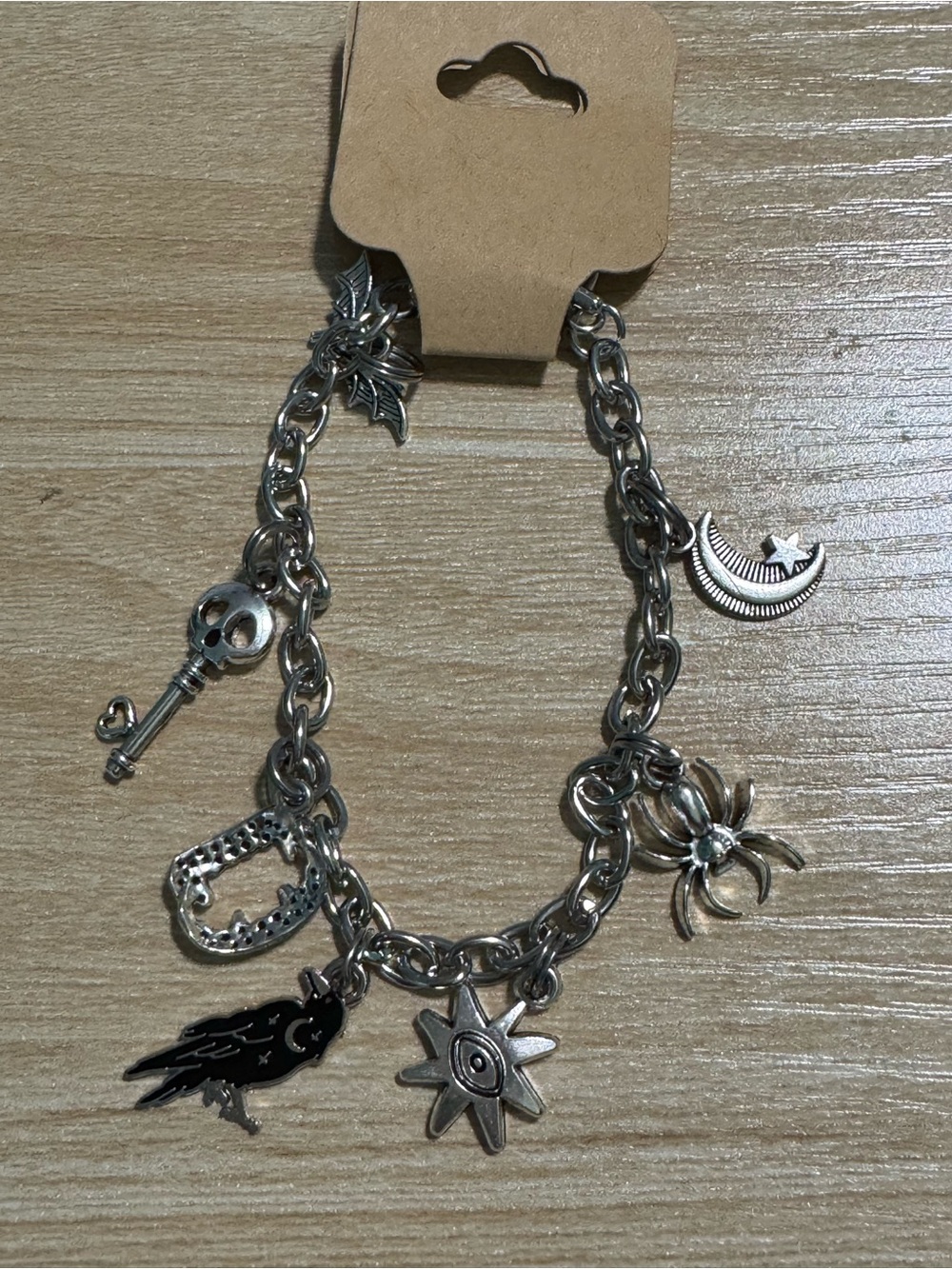 Silvertone Goth Vibe Charm Bracelet with Moon, Key & Star Charms